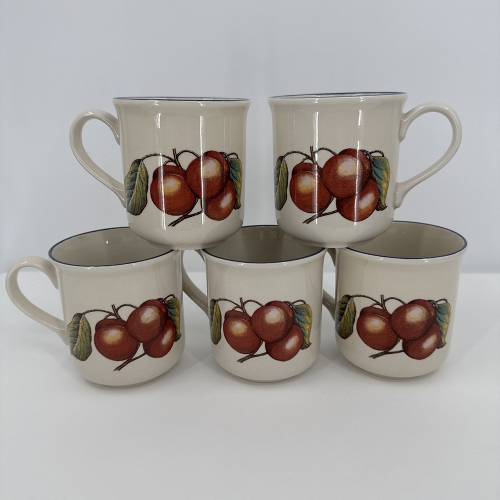 Staffordshire Tableware 5 Autumn Fayre 10 oz Mugs Cherries on Cream Blue‎ Rim